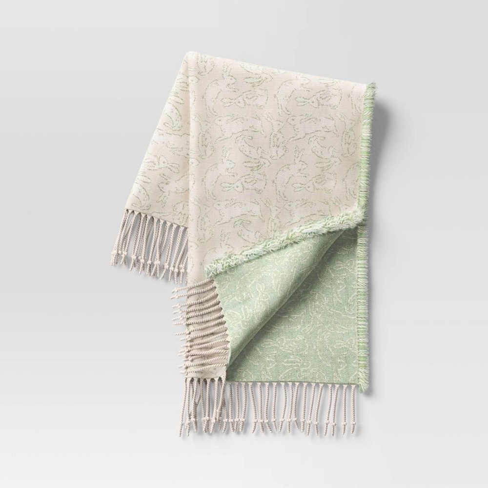 Woven nwt Jacquard Bunny Easter Throw Blanket neutral green - Threshold